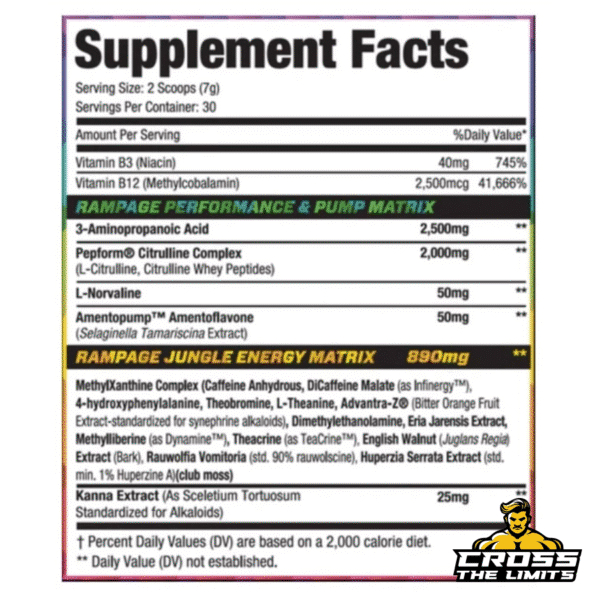 Supplement facts panel with full breakdown of performance and energy blends.