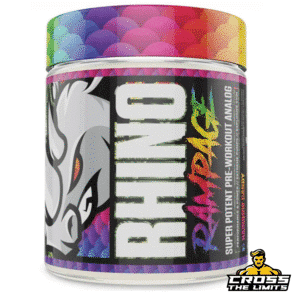 Rhino Rampage by MuscleSport – rainbow label front view of pre-workout tub.