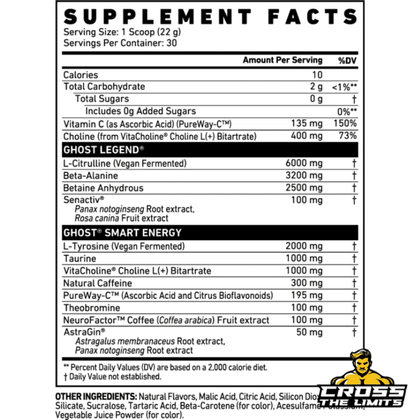 GHOST Legend V4 supplement facts with citrulline, beta-alanine, betaine, tyrosine, choline and 300 mg natural caffeine per scoop