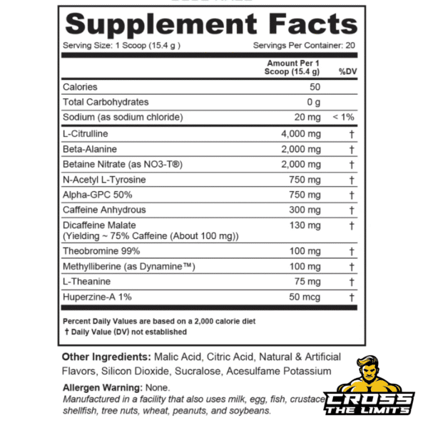 Prevail RUSH supplement facts – citrulline, NO3-T betaine nitrate, caffeine, Alpha-GPC and focus blend per serving