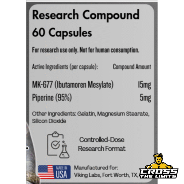 Supplement facts of Viking Labs MK-677 showing 15mg Ibutamoren and 5mg Piperine per capsule