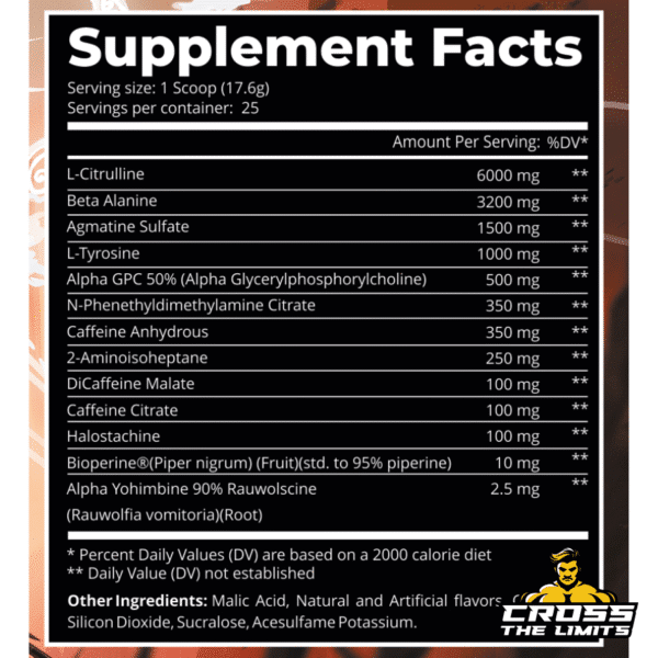 Crack Barbarian Edition supplement facts with citrulline, beta-alanine, agmatine, stimulants and rauwolscine per scoop