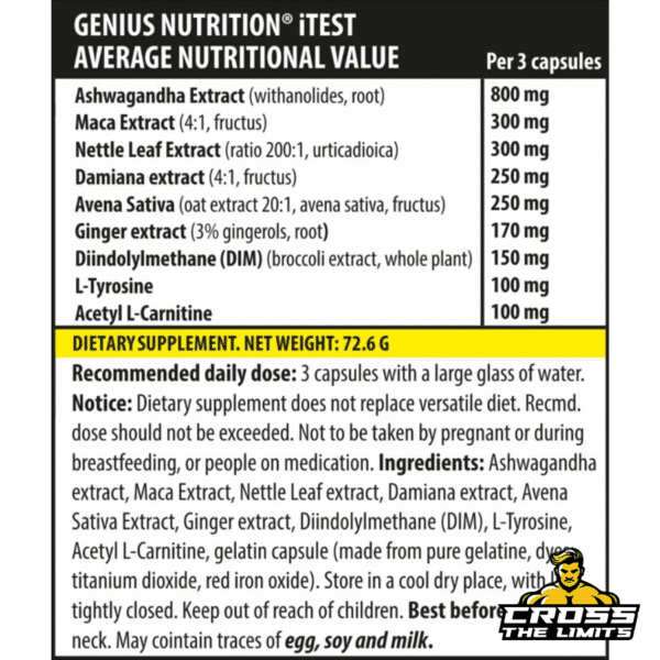 Supplement Facts of Genius Nutrition iTEST with Ashwagandha, Maca, DIM