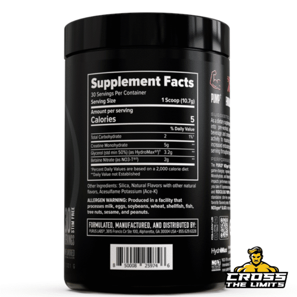 Supplement Facts of Purus Labs Noxygen Black with creatine, glycerol, betaine nitrate