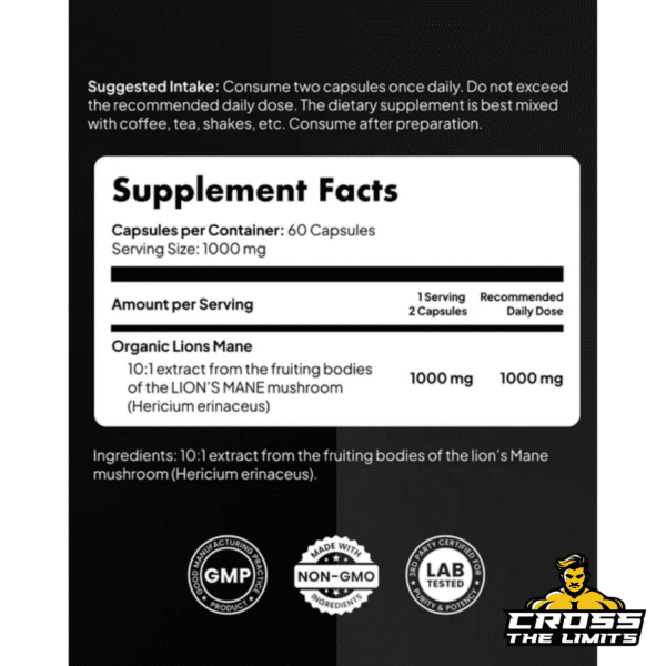 Supplement Facts of Solve Labs Lion’s Mane Mushroom 1000mg extract
