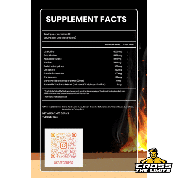 Krato Supps Cerberus Supplement Facts – high-stim pre-workout with Citrulline, Beta-Alanine, DMHA, Eria Jarensis and Caffeine – 30 servings – available at CrossTheLimits.co.uk