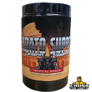 Krato Supps Cerberus Pre-Workout – Tropical Punch flavour – high-stim formula with DMHA and Caffeine – 30 servings – available at CrossTheLimits.co.uk