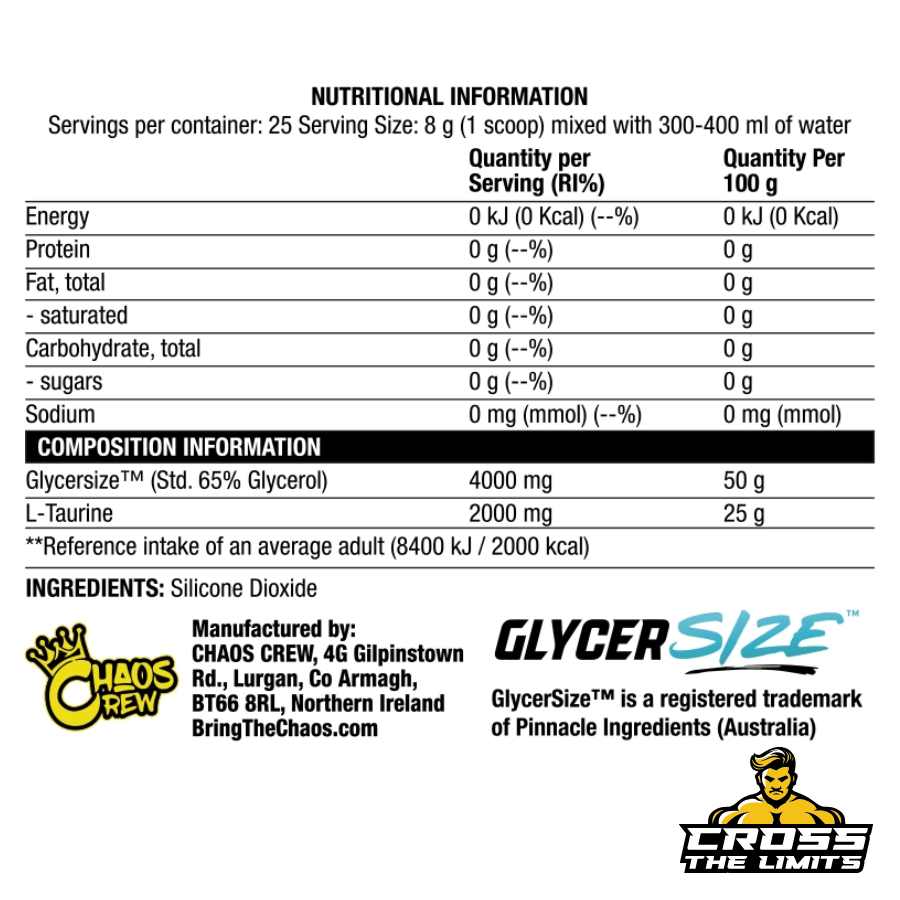 Chaos Crew Glycer Swell nutritional panel – Glycersize and Taurine – CrossTheLimits.co.uk