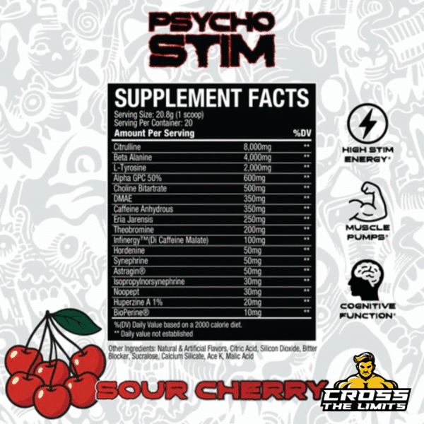 Nemesis Nutrition Psycho Stim Supplement Facts – pre-workout with Citrulline, Beta-Alanine, Tyrosine, Alpha GPC, and Caffeine – 20 servings – available at CrossTheLimits.co.uk