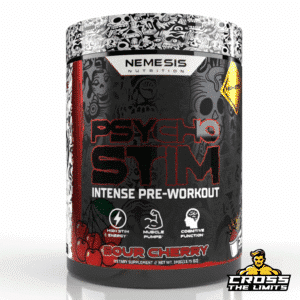 Nemesis Nutrition Psycho Stim Pre-Workout – Sour Cherry flavour – high-stim pre-workout for focus and energy – 20 servings – available at CrossTheLimits.co.uk