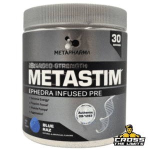 Meta Pharma Metastim pre-workout 282 g – high-stim training supplement in Blue Raz flavour, shown in grey container with product label – available at Cross The Limits