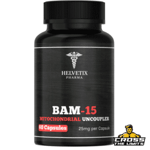 Helvetix Pharma BAM-15 Mitochondrial Uncoupler 60 capsules 25mg bottle front view with Cross the Limits logo