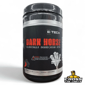 Dark Horse high stim pre-workout powder container showing supplement facts label and black hardcore packaging by E-Tech.