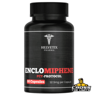 Helvetix Pharma Enclomiphene capsule bottle showing ingredient panel, compound data and 12.5 mg per capsule labelling.