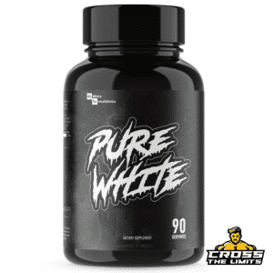 Pure White dietary supplement bottle showing Juglans Regia extract capsules and supplement facts label by Mr. White Formulations.