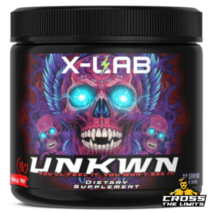 UNKWN high-stim pre-workout supplement container with skull artwork and proprietary blend supplement facts panel.