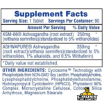 Supplement facts panel for Hi-Tech Pharmaceuticals Ashwagandha showing 250mg KSM-66® Ashwagandha extract and 350mg AshwaPure® Ashwagandha extract standardised for withanolides, alkaloids and withaferin content per serving
