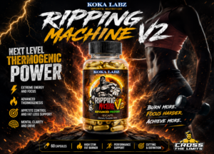 Koka Labz Ripping Machine V2 fat burner bottle surrounded by lightning and flames, highlighting thermogenic power, energy, focus, appetite control and advanced fat loss support from Cross The Limits UK.