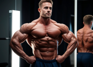 Extremely muscular bodybuilder displaying a highly defined and vascular physique in a gym mirror room. The athlete showcases massive chest, shoulders, arms, and six-pack abs, illustrating the lean muscle gains, muscle hardness, strength development, and dry aesthetic look often associated with advanced bodybuilding transformation phases.