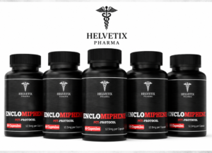 Helvetix Pharma Enclomiphene PCT Protocol 60 Capsules supplement bottles on white background designed for post cycle therapy, testosterone support, muscle retention, recovery optimisation and advanced bodybuilding supplementation in the UK and Europe.
