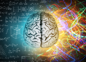 Human brain illustration representing cognitive performance, memory, focus, learning, creativity, and brain function. The left side of the image displays mathematical formulas, equations, geometry, and analytical thinking concepts, while the right side features colourful neural pathways, abstract light patterns, and creative energy visualisations. This brain health and nootropics themed image is commonly used to illustrate cognitive enhancement, mental clarity, productivity, memory support, neuroplasticity, neuroscience, biohacking, focus supplements, brain optimisation, and mitochondrial support.