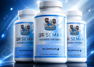 Smart Brothers Dr Semax 60 Capsules nootropic supplement displayed in a professional promotional graphic featuring three bottles against a futuristic blue technology background. The image highlights key Semax benefits including focus, concentration, memory support, learning performance, mental energy, productivity, cognitive enhancement, and brain function support. Advanced nootropic supplement for students, professionals, biohackers, entrepreneurs, and individuals seeking improved mental clarity and cognitive performance, available at Cross The Limits UK.