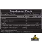 Hi-Tech Pharmaceuticals CLA 1000 Supplement Facts Showing 1000mg CLA Active Blend Yielding 80 Percent Conjugated Linoleic Acid Per Softgel