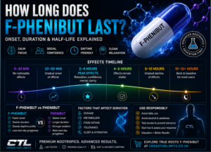 How long does F-Phenibut last infographic showing onset, peak effects, duration, half-life timeline and F-Phenibut vs Phenibut comparison