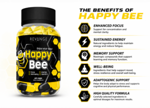 Why do I have no motivation? Happy Bee nootropic supplement infographic explaining ingredients that support focus, motivation, mental energy, memory and stress resilience naturally.