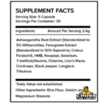 ROAR Extreme supplement facts label showing Ashwagandha, Fenugreek, HMB, Noopept, Ostarine, Lion's Mane, Cordyceps, Tongkat Ali and Tribulus ingredients