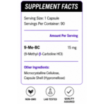 Koka Labz 9-Me-BC Supplement Facts panel showing 15mg of 9-Methyl-Beta-Carboline HCl per capsule and 90 servings per bottle