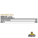 Hammer Labz BAM-15 Supplement Facts showing 15mg BAM-15 per capsule and 30 servings per bottle