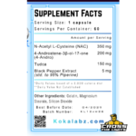 Koka Labz Oxy Drol RX Supplement Facts showing 200mg 4-Andro, 350mg NAC, 150mg TUDCA and 5mg black pepper extract per capsule