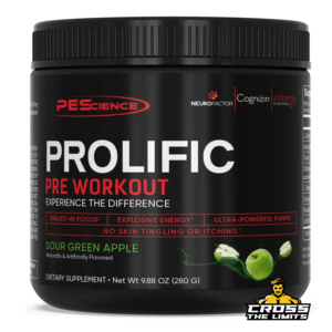 PEScience Prolific Pre Workout performance formula for energy focus and muscle pumps without Beta Alanine